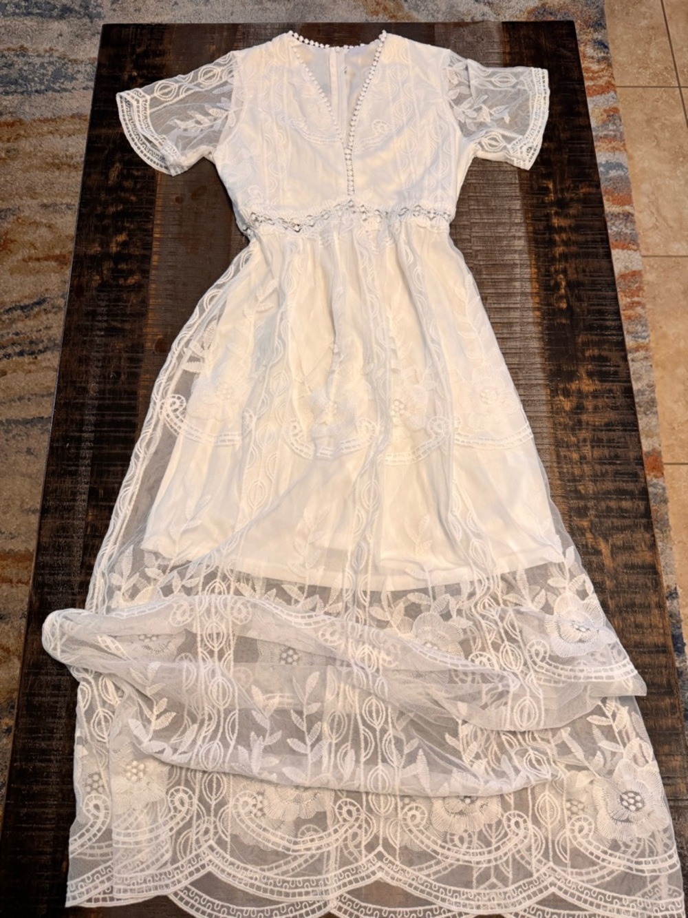 NWOT Deep V Neck Short Sleeve Floral Lace Dress Long Bridal Shower Maxi Dresses - Picture 8 of 15
